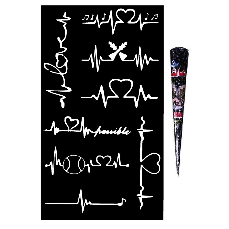 حنا طراحی و شابلون تتو موقت مدل ضربان M3 مجموعه 9 عددی