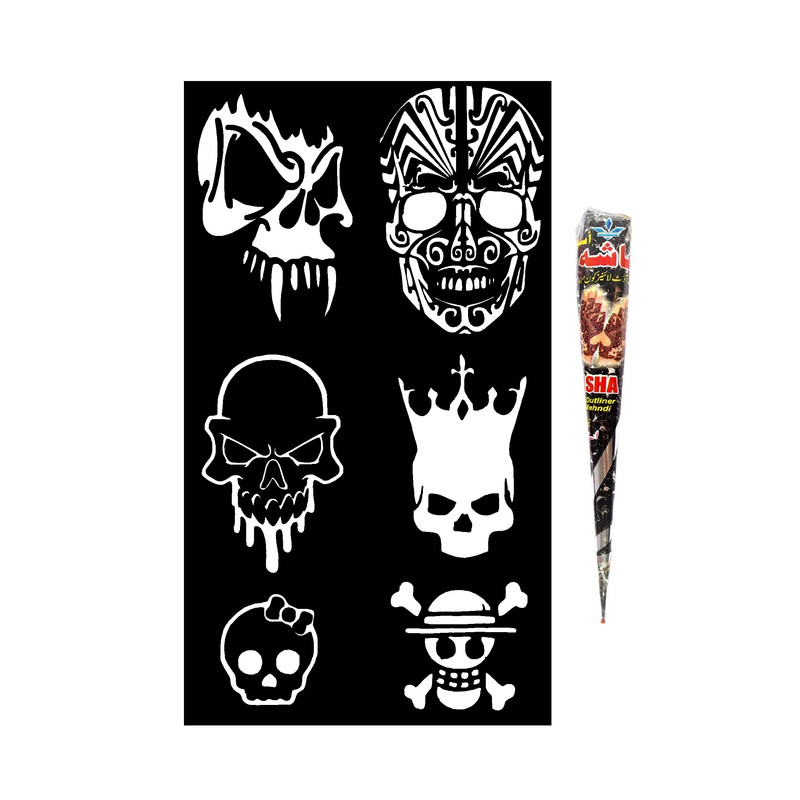 حنا طراحی و شابلون تتو مدل جمجمه M6 مجموعه 7 عددی